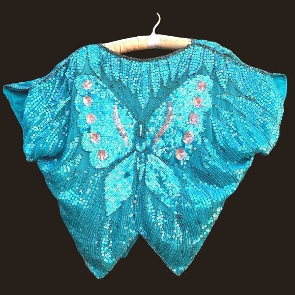 Butterfly Sequin Top Beaded 70s Disco Glam Blue Turquoise Green - Picture 3 of 10